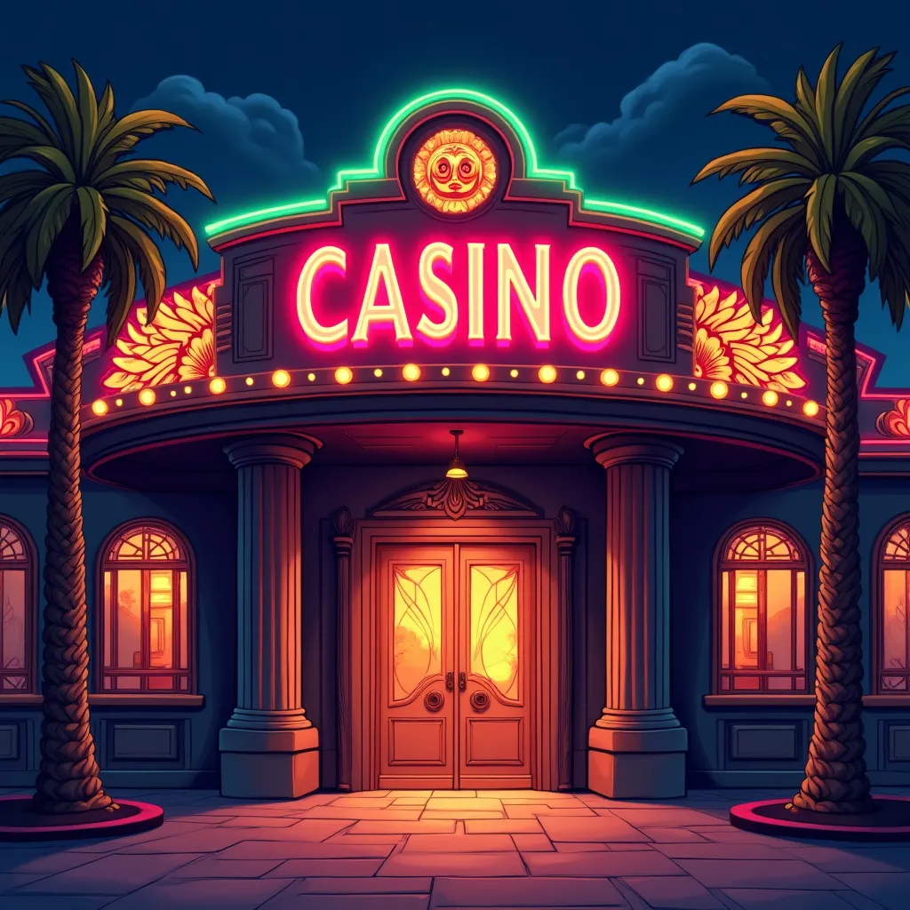 Cartoon casino entrance with neon lights